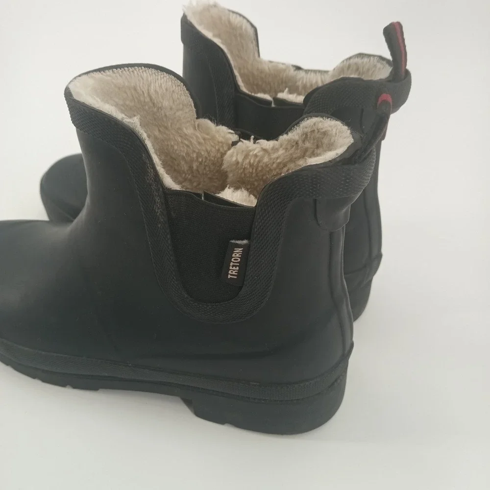 Tretorn Womens Black Rubber‎ Chelsea Rain Boots Faux Fur Lined Ankle Size 8